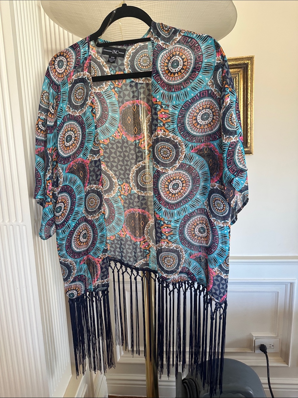 INC International Concepts Teal & Navy Mandala Fringe Kimono